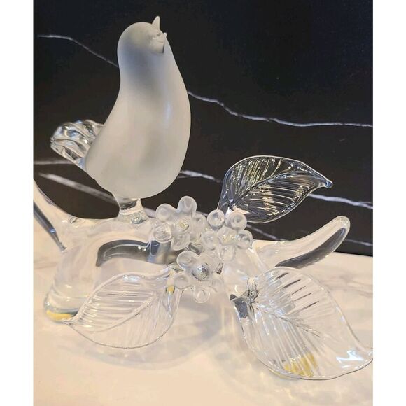 Blown Glass Frosted Bird on Clear Perch w Flowers & Leaves Artist Signed EUC - Picture 2 of 10